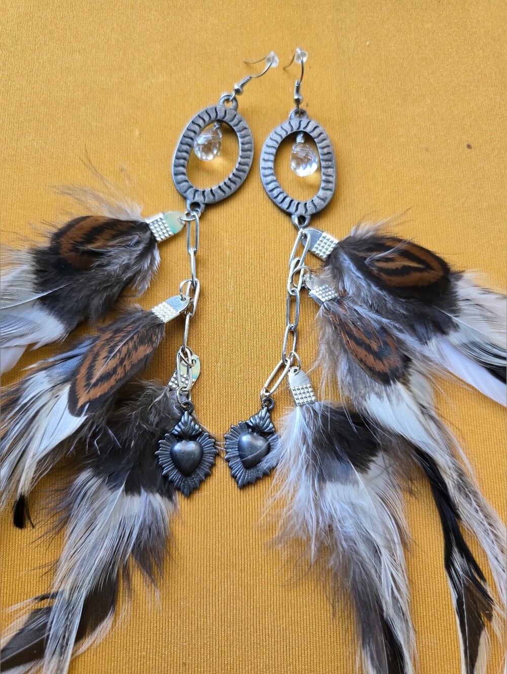 NEW! Long Feather Chain Crystal Charm Earrings Handcrafted Boho Native Jewelry